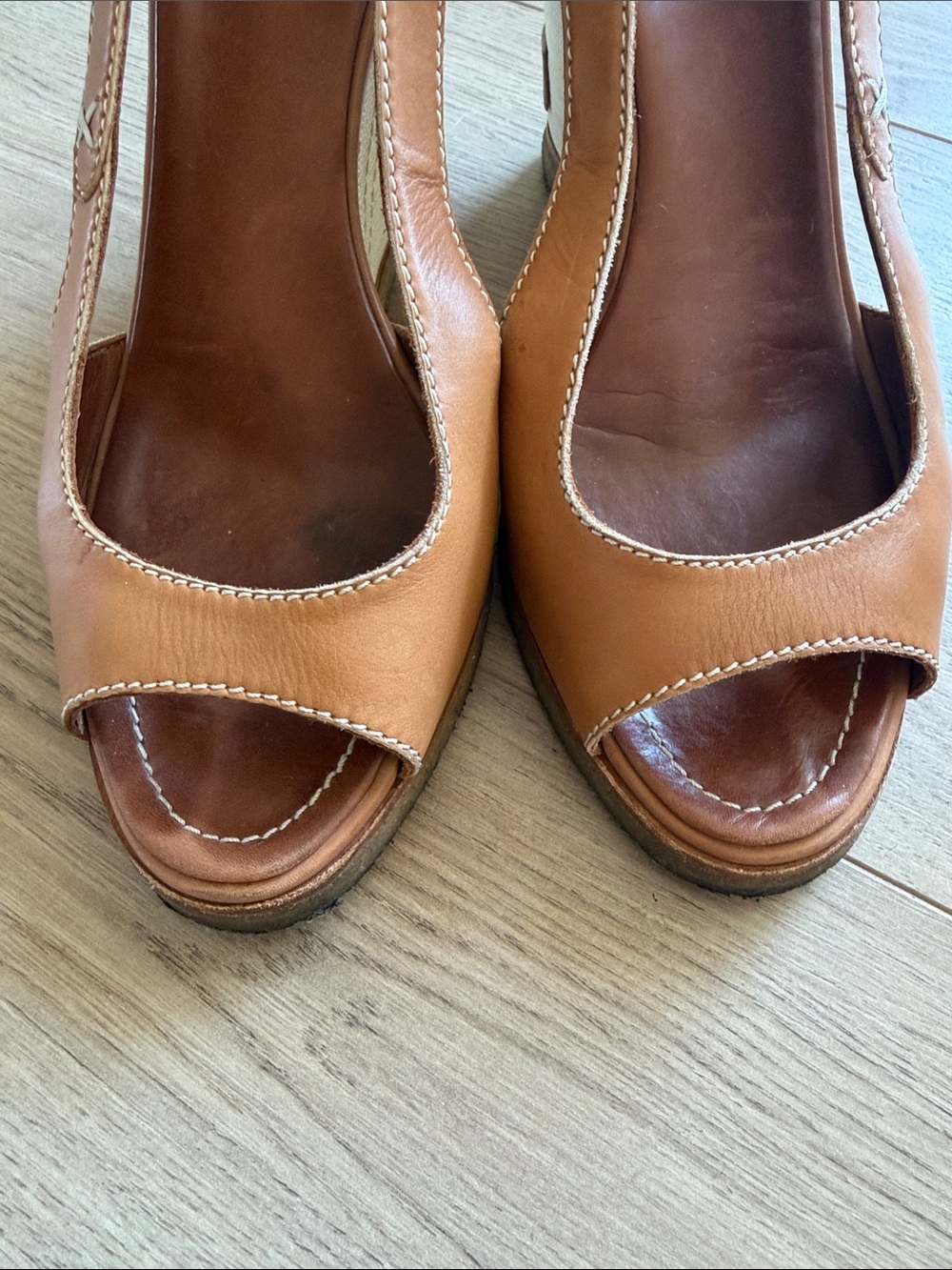 Authentic Chanel Tan Leather Slingback Wedge Sandals - Picture 2 of 7